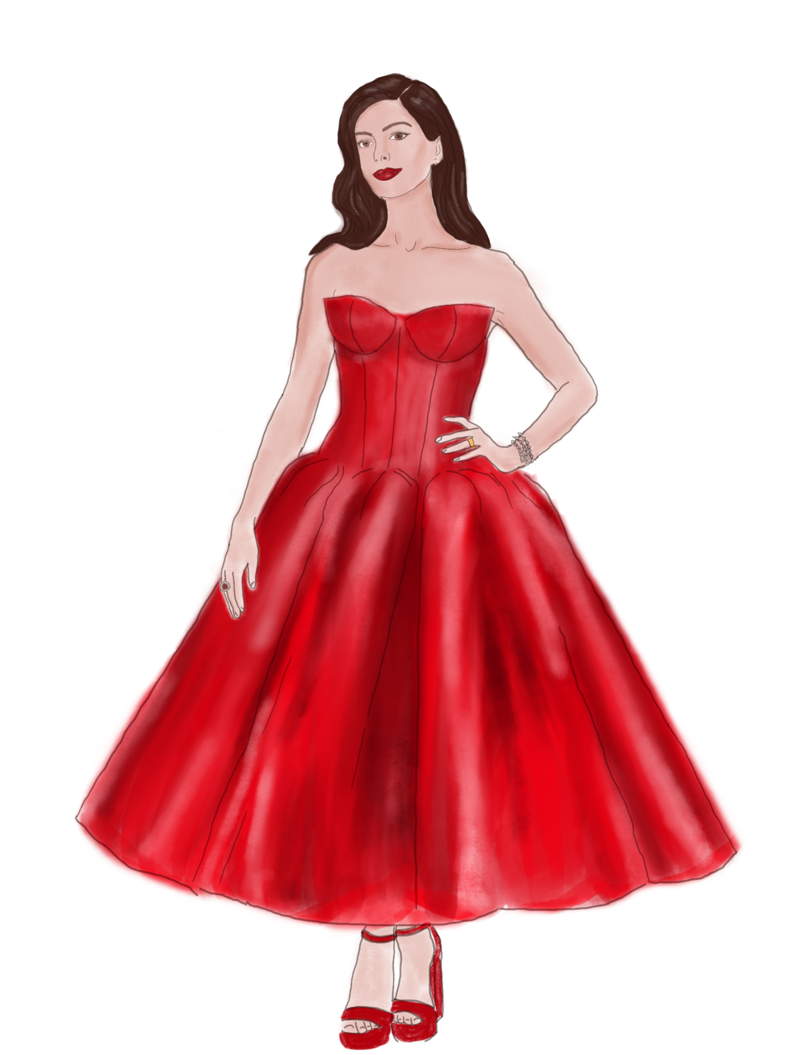 Illustration of Anne Hathaway at the Devil Wears Prada 2 premiere in a strapless red satin ball gown with a structured corseted bodice, full tea-length skirt, and matching red ankle-strap heels — a Hollywood Regency red carpet look.