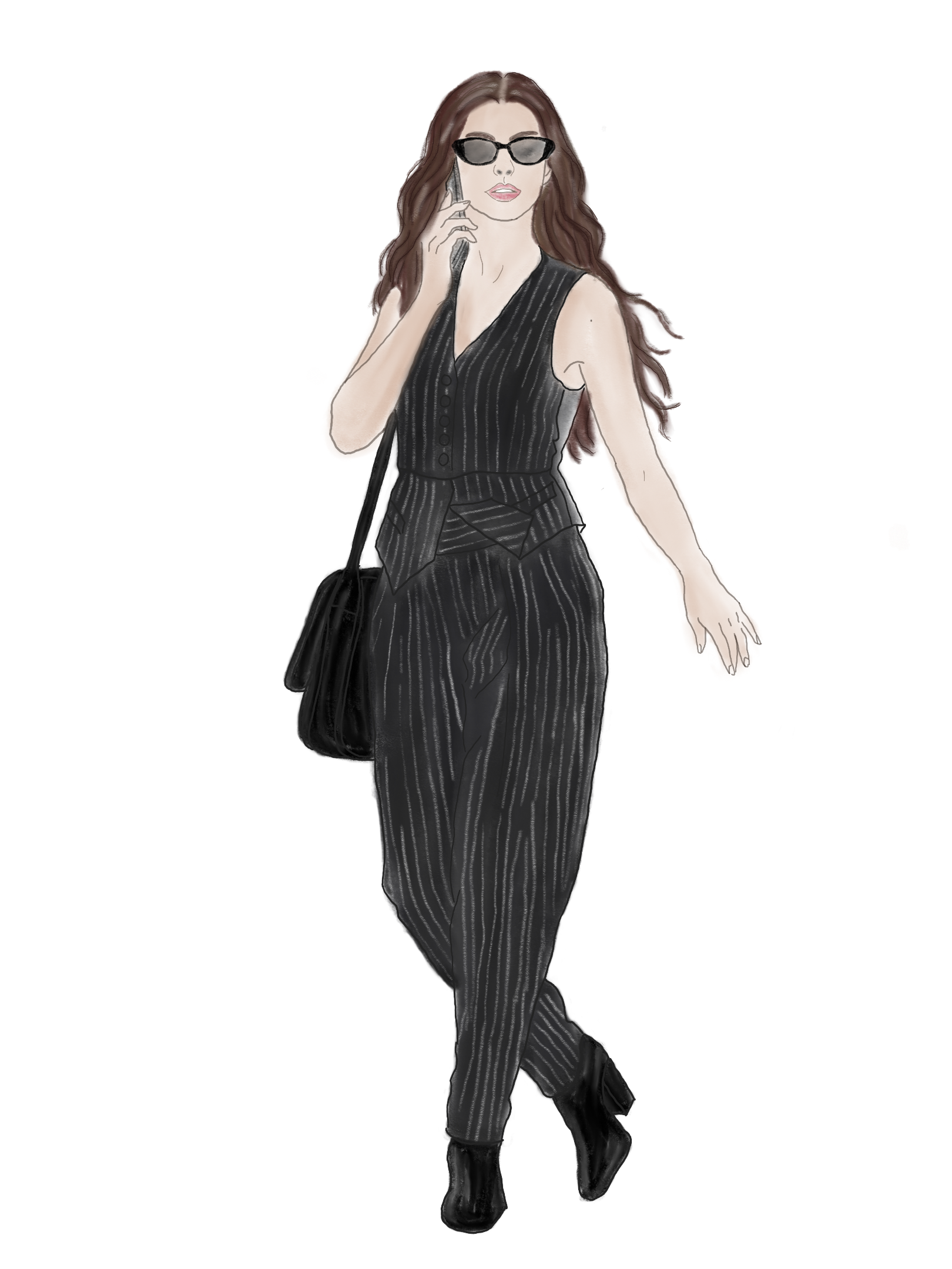 Illustration of Anne Hathaway as Andy Sachs in The Devil Wears Prada 2, wearing a black pinstripe waistcoat with a peplum hem and matching wide-leg trousers, paired with cat-eye sunglasses, a black shoulder bag, and black ankle boots — a 2026 Office Siren look.