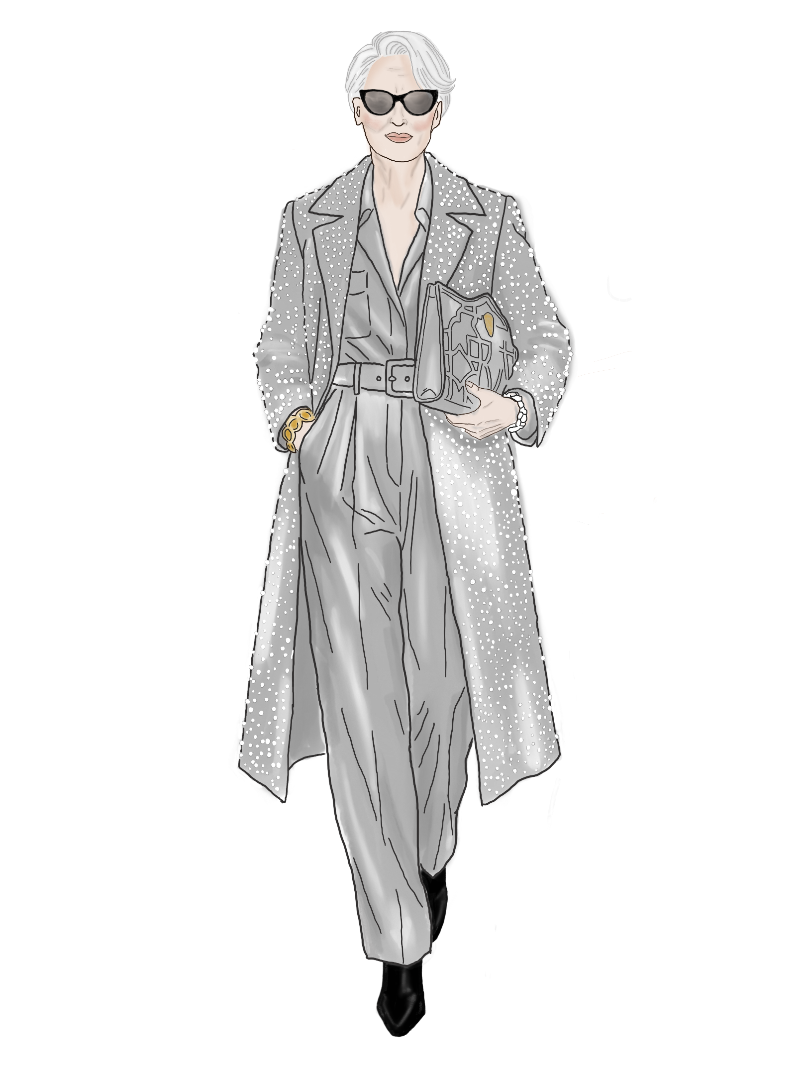 Illustration of Meryl Streep as Miranda Priestly in The Devil Wears Prada 2, wearing a head-to-toe grey monochrome look: a belted grey jumpsuit layered under a long pearl-embellished grey overcoat, paired with cat-eye sunglasses, a structured grey clutch, gold cuff, and pointed black ankle boots—All Grey and Glamoratti styling.