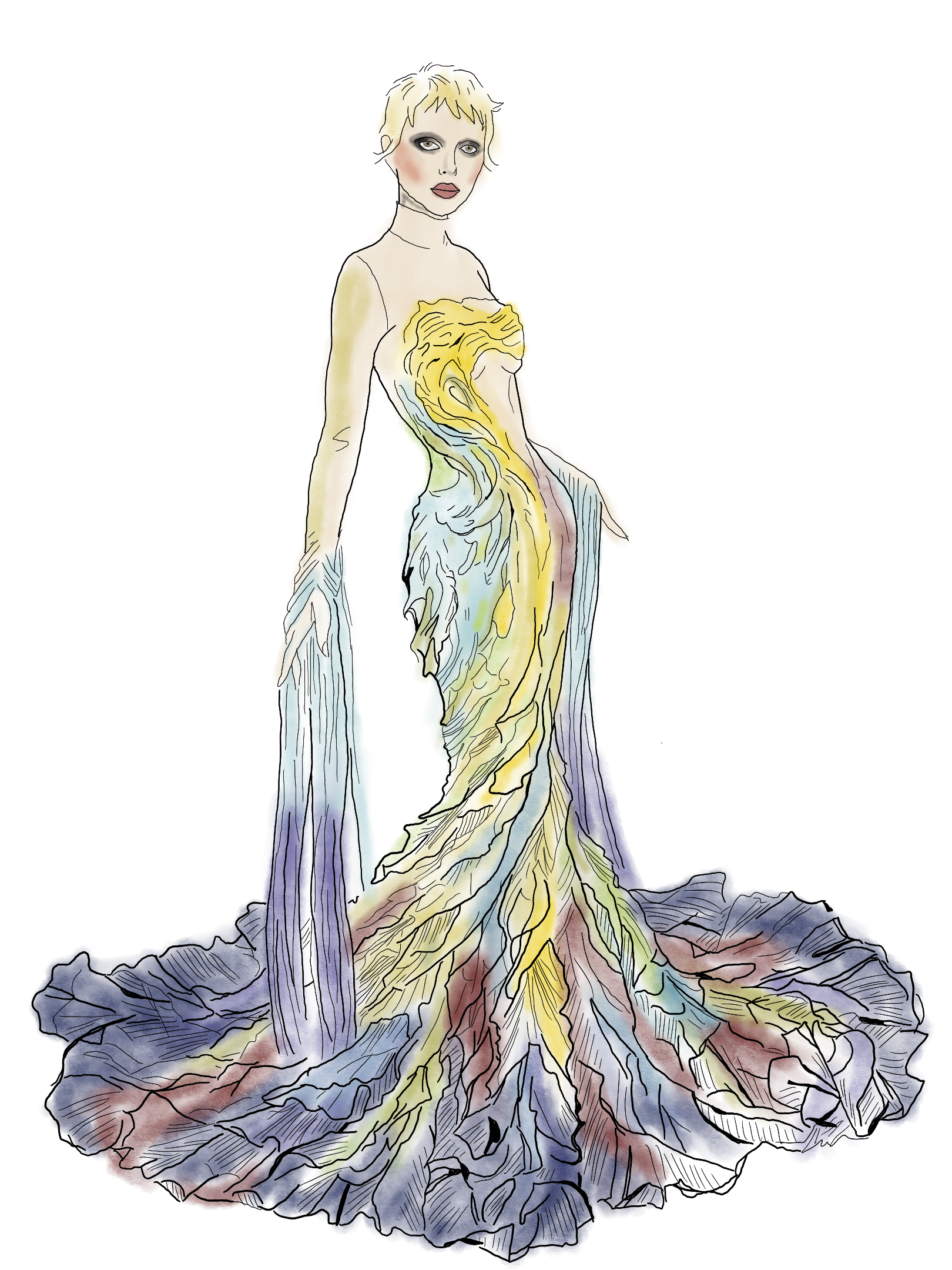 Fashion illustration of Emma Chamberlain at the Met Gala wearing a strapless mermaid gown with watercolor-like layers in yellow, pale blue, lavender, and dusty rose, finished with a dramatic ruffled train.