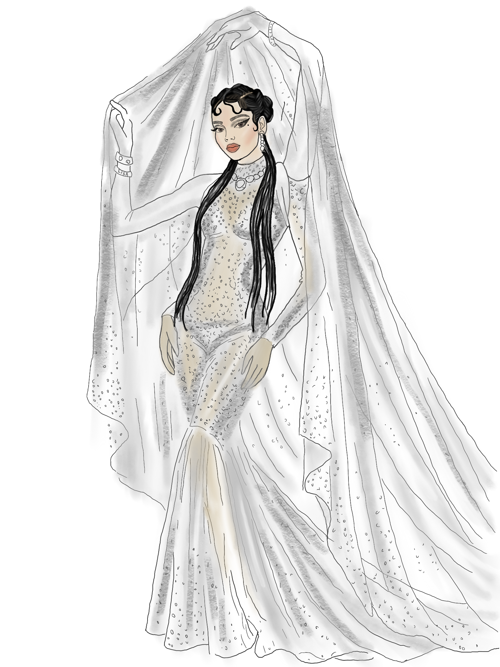 Fashion illustration of Lisa at the Met Gala wearing a sheer, embellished white gown with long sleeves, paired with a dramatic floor-length veil held up overhead, accessorized with pearl jewelry.