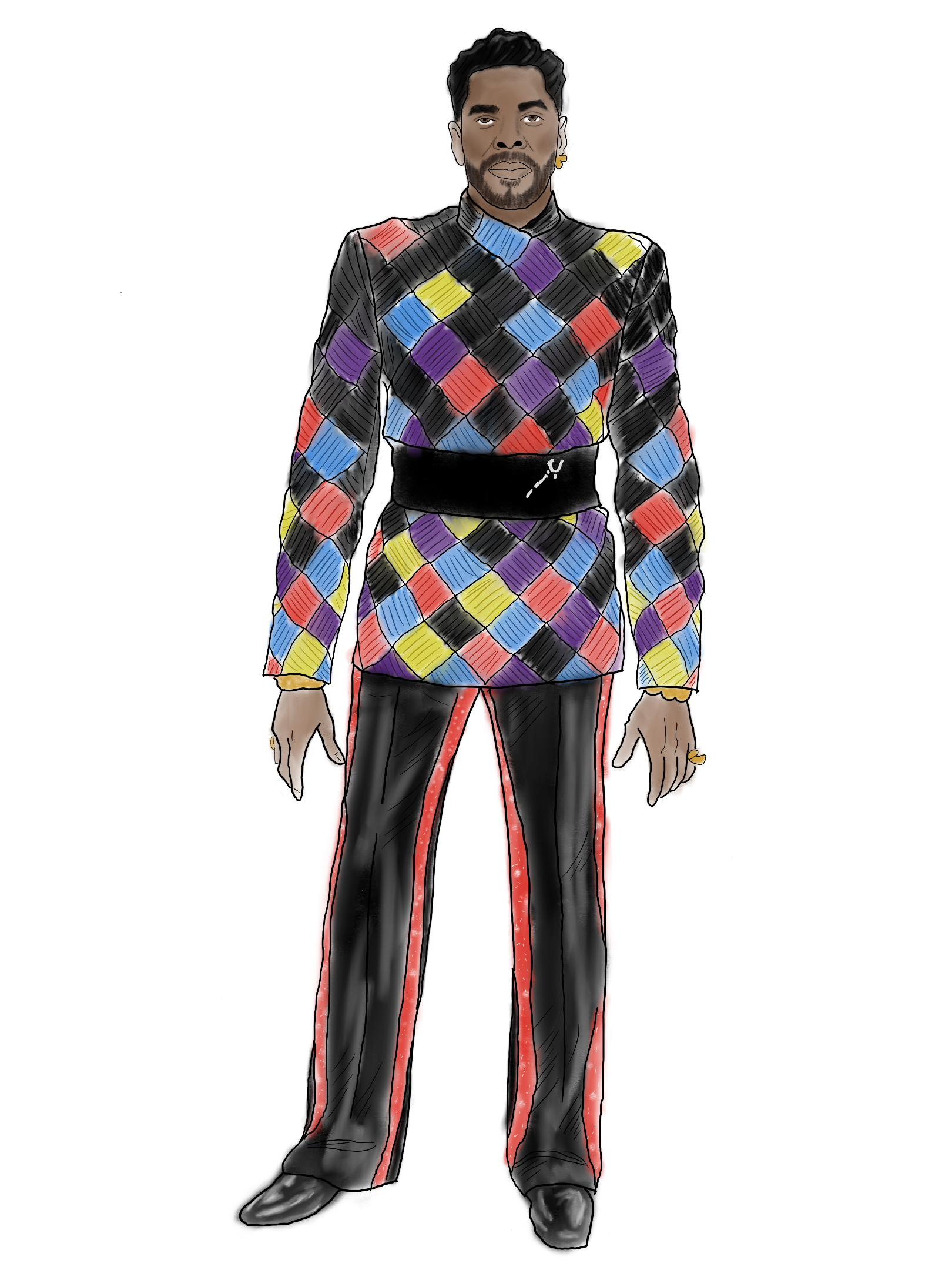Fashion illustration of Colman Domingo at the Met Gala wearing a long-sleeved tunic in a colorful diamond patchwork of black, red, yellow, blue, and purple, cinched with a wide black belt, paired with black trousers featuring red side stripes.